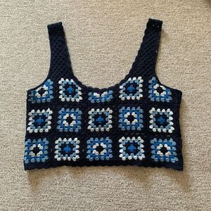 Sincerely Jules Shirt Womens M Blue Granny Square Crochet Crop Tank Top